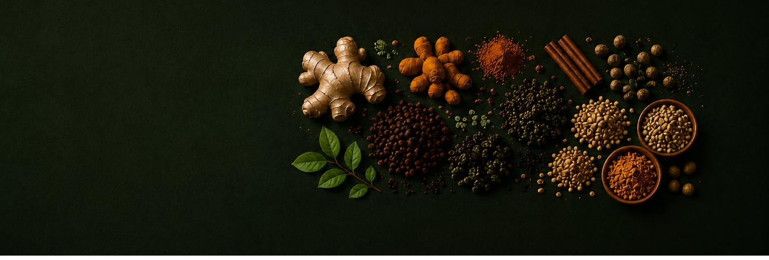 Ingrédients bruts : gingembre, curcuma, épices, graines et algues