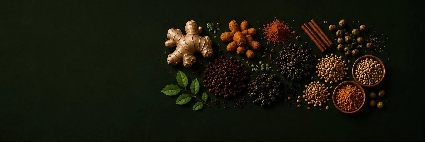 Ingrédients bruts : gingembre, curcuma, épices, graines et algues
