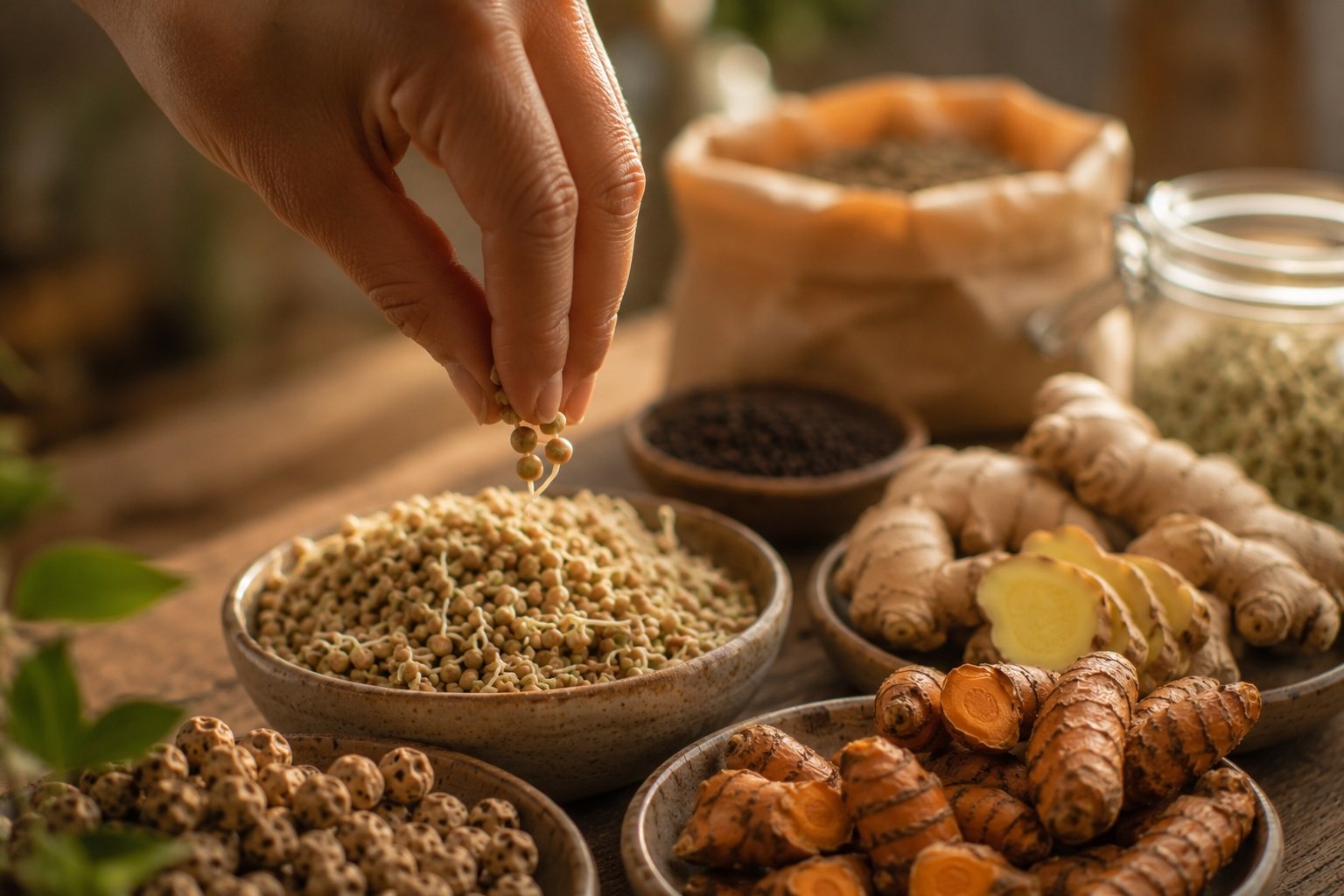 Sélection de super-aliments : sarrasin germé, curcuma, gingembre, souchet